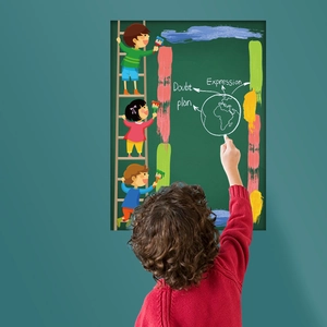 Green chalkboard wall decal for kids with cartoon illustration and erasable writing surface