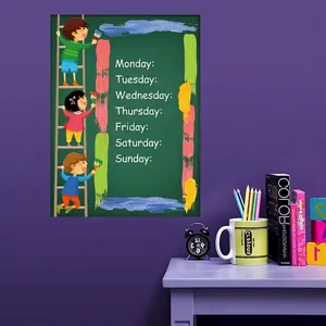 Green chalkboard wall sticker with weekly planner layout and cute cartoon kids illustrations