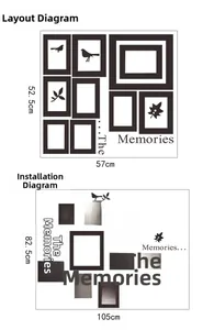 The Memories layout and wall application size details for black frame bird wall sticker