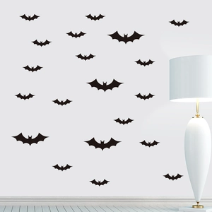 Detailed view of black bat wall stickers in various sizes for Halloween decor