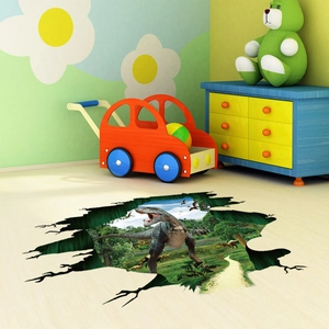3D dinosaur world floor sticker with roaring T-Rex and jungle for kids room decor