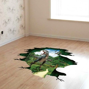 3D dinosaur floor sticker showing a T-Rex running through a cracked jungle ground