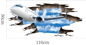 Dettaglio adesivo murale 3D con aereo che vola nel cielo, misura 110cm x 50cm