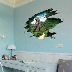 3D dinosaur wall sticker with T-Rex breaking through wall for kids room decor