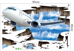 Layout piatto dell'adesivo murale 3D con aereo e cielo blu, dimensioni 90x60cm in PVC