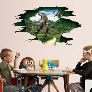 3D Jurassic dinosaur park wall sticker with T-Rex in kids room forest landscape