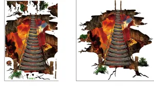 3D Flaming Mountain wooden bridge self-adhesive PVC wall and floor sticker layout