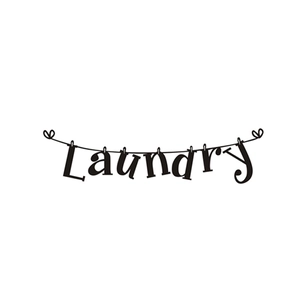 Detail showing Laundry word wall sticker with hanging clothesline design in black silhouette