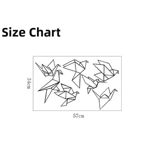 Dimensions of geometric origami bird wall stickers in minimalist black and white line art