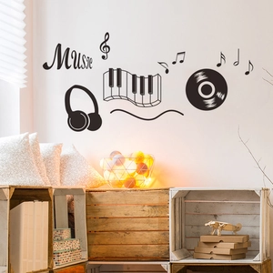 Music Theme PVC Wall Sticker Piano Keys Headphones Vinyl Record Notes Artistic Mural For Classroom Music Room Living Room Bedroom Decor