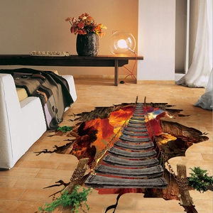 3D Flaming Canyon Bridge PVC floor sticker with realistic visual illusion effect