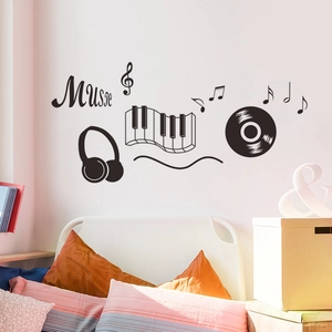 Music themed wall sticker set with piano keys, notes and headphones for room decor
