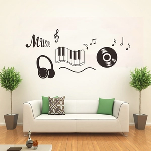 Modern music wall sticker with piano keys, headphones, and vinyl record for classroom decor