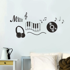 Music themed wall stickers featuring piano keys, headphones and records for home decor