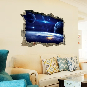 3D outer space wall sticker with stars and planets on a broken wall background