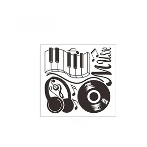 Detail layout showing music wall decal with piano keys, headphones and vinyl record design