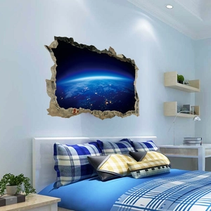 3D-Wandaufkleber mit Weltraum-Erdlandschaft durch einen gebrochenen Wand-Effekt