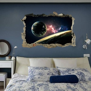 3D outer space wall decal with galaxy and earth view through a cracked wall effect