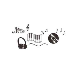 Detail showing musical wall stickers with headphones, vinyl records and piano keys