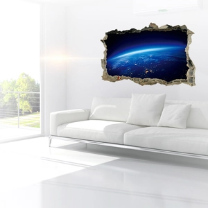 Detaillierter 3D-Weltraum-Wandaufkleber mit Erdansicht im modernen Wohnzimmer