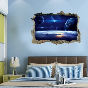 3D outer space wall sticker featuring deep galaxy nebulae and realistic broken wall effect