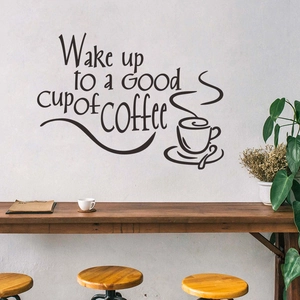Brown coffee wall sticker with Wake Up lettering and hand-drawn cup for cafe decor