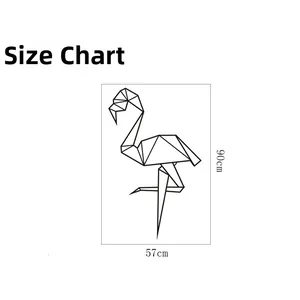 Size chart showing 90x57cm dimensions of geometric flamingo removable wall sticker