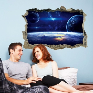 Detailed 3D broken wall starry sky space wall sticker showing realistic cosmic nebula