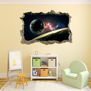 3D space wall sticker with realistic planet and nebula pattern for kids room decoration