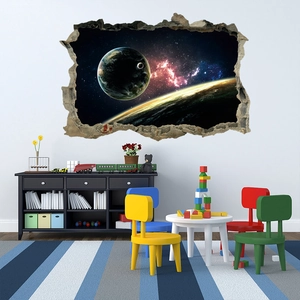 3D Broken Wall Space Wall Sticker Removable PVC Outer Space Galaxy Planet Earth Nebula Poster Mural Home Decor For Bedroom Living Room Decor