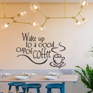 Detailed wall decal showing Wake up to a GOOD cup of COFFEE lettering in a cafe setting