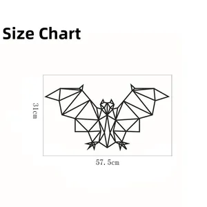 Dimension diagram of geometric bat wall sticker measuring 57.5cm wide and 31cm high
