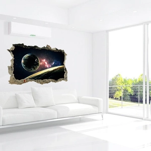 3D outer space wall decal with broken wall effect showing planets and colorful nebulae