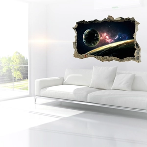 3D broken wall universe wall decal with Earth and nebula stickers in a modern living room