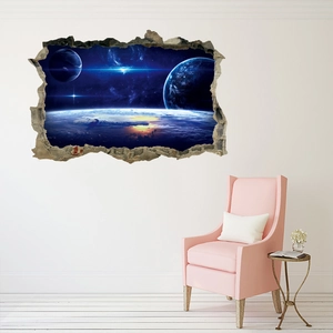 Modern 3D space and galaxy wall decal with broken wall effect for living room decor