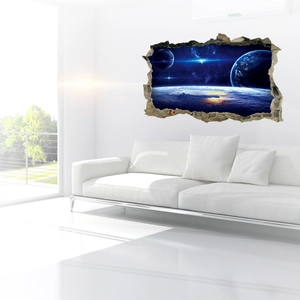 3D wall sticker detail showing starry nebula and planets through broken wall effect