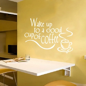 Wake up to a GOOD cup of COFFEE wall decal with minimalist white lettering and coffee cup