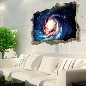 3D Weltraum Galaxie Wandtattoo mit Mauerdurchbruch Effekt für Wohnzimmer Deko