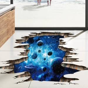 3D deep blue galaxy planet floor sticker with realistic crack effect and starry sky pattern