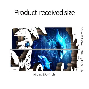Size chart for 3D blue dolphin wall stickers showing two 30x90cm PVC adhesive sheets