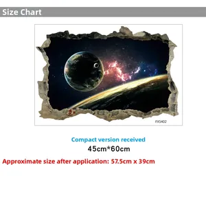 3D outer space wall sticker showing compact layout 45x60cm and applied size 57.5x39cm