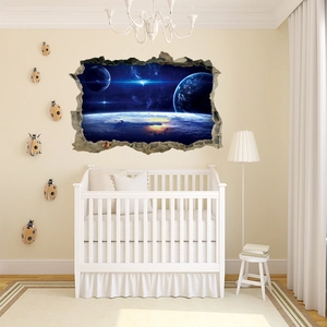 Detailed 3D outer space wall mural with yellow ladybug stickers for nursery decor