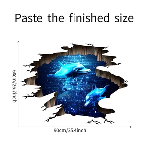 Detailed dimensions of 3D dolphin wall sticker showing 90x68cm finished size on white base