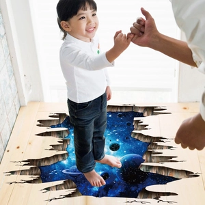 3D Galaxy floor sticker with broken floor effect showing deep blue stars and planets