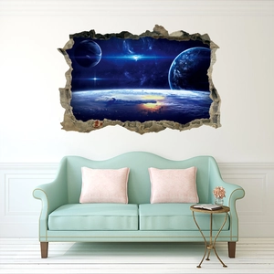3D outer space wall sticker with cracked wall effect featuring Earth and colorful nebula