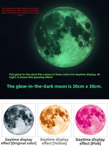 Detailed view of 30cm luminous moon wall decals showing original, yellow, and pink colors