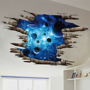 3D deep blue galaxy outer space wall sticker with cracked wall effect for home decor