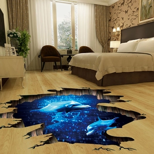 3D ocean dolphin wall sticker with bioluminescent effect and deep blue sea floor decor