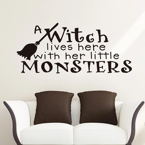 Halloween wall sticker featuring a witch broom and monsters text for living room decor