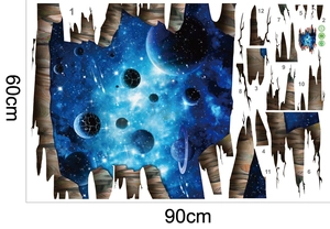 DIY 3D galaxy wall sticker set with deep blue space planets and meteor design details
